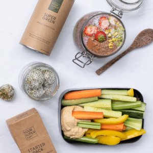 Organic meals packed in jars and cartons