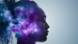 Artistic rendering of woman's silhouette and brain activity